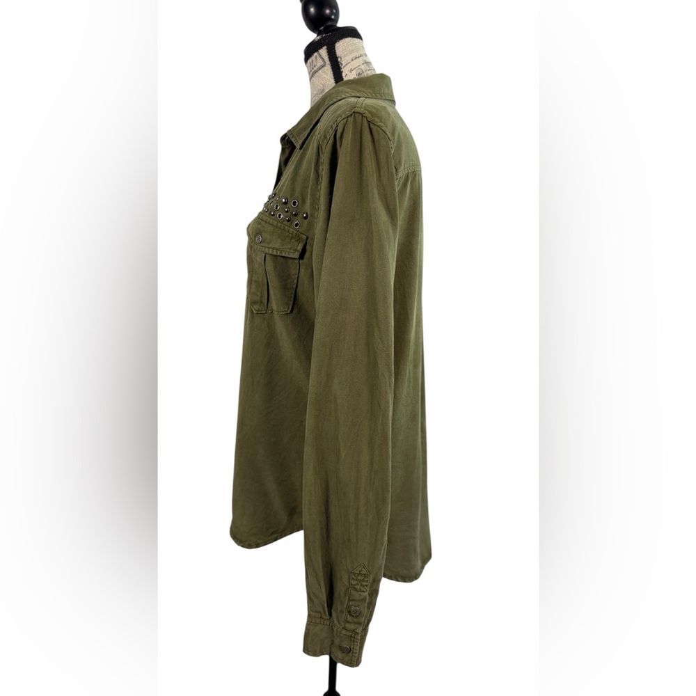 PAIGE Olive Green Studded Utility Button Down Shirt TENCEL Lyocell Size M - Picture 6 of 14